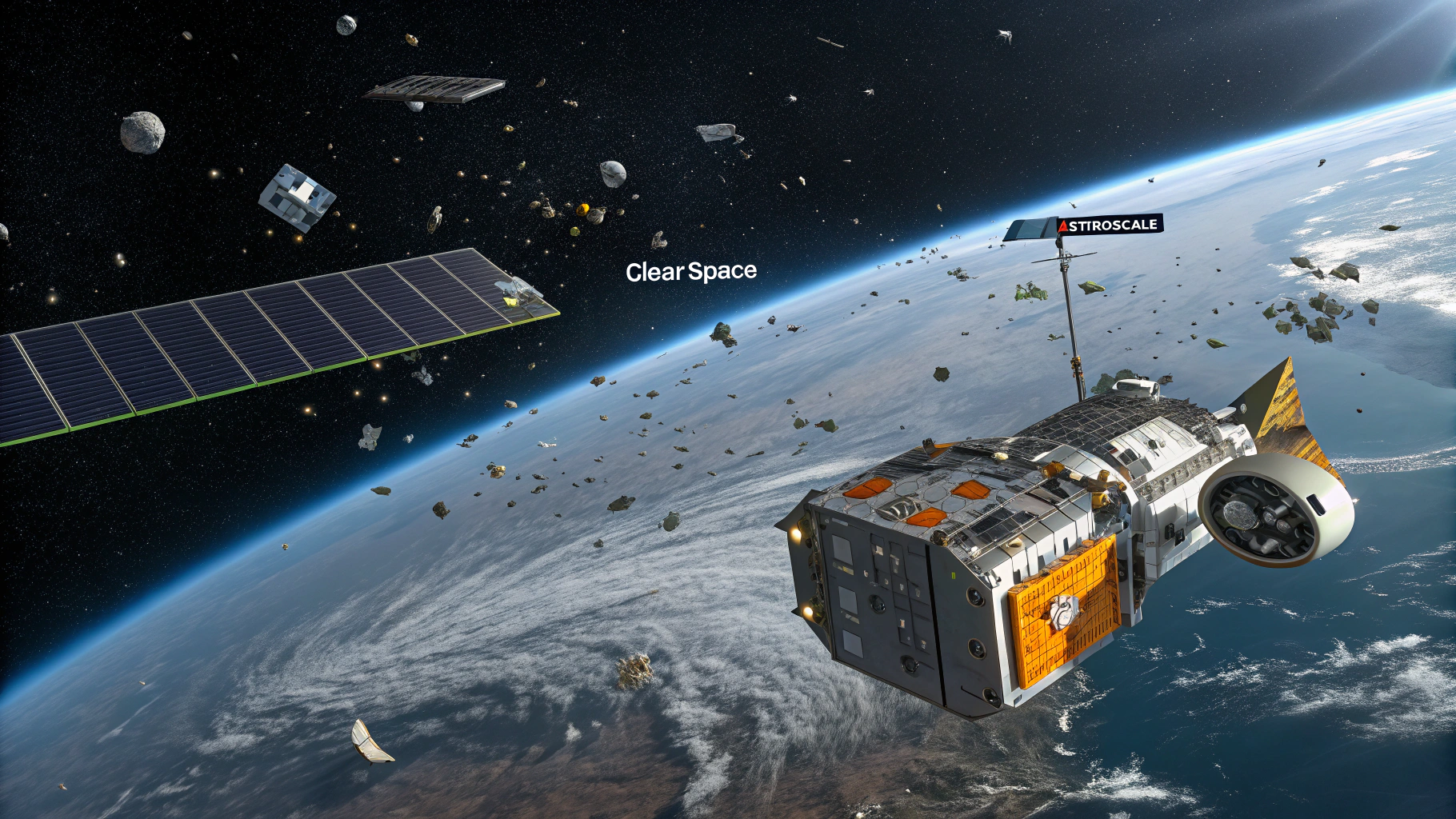 A futuristic space scene illustrating orbital debpng