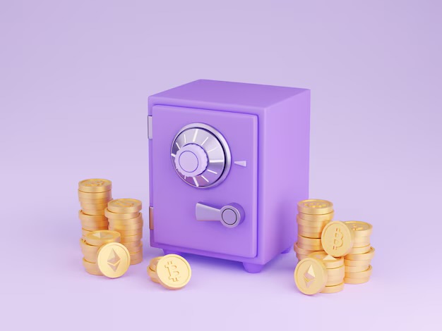 Safe box with crypto currency money 3d render closed purple strongbox surrounded by gold bitcoin ethereum 75114 1016jpgjpg